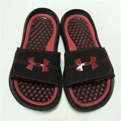 Under Armour Boys Velcro Sandals Flip Flops Red Black Slip-Ons Size Y…