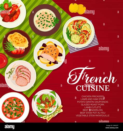 French cuisine food menu cover page. Beef tenderloin, potato gratin ...