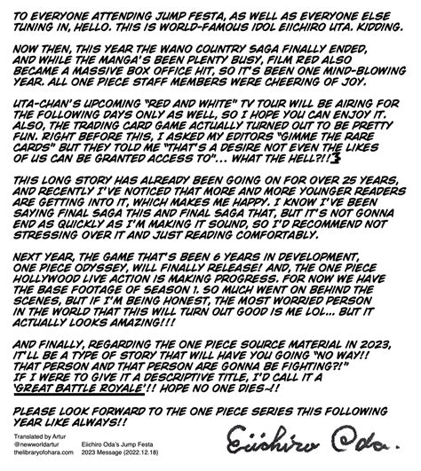 Eiichiro Oda’s message at One Piece Jump Festa 2023 – The Library of Ohara