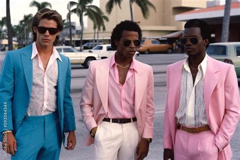 Group of retro wave vice Miami fashioned men in sunglasses. Sunset scene in Miami of 80's. Synth ...