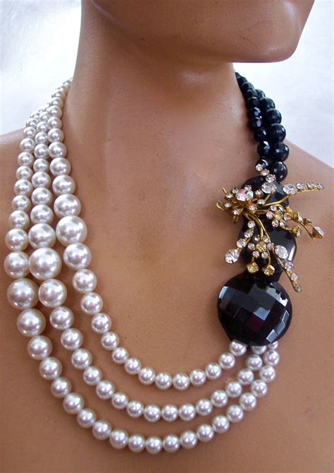 Black and White Necklace Pearls with Austrian by secondlookjewelry | Black and white necklaces ...