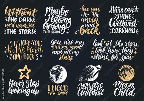 Hand lettering with motivational phrases Moon Child, I Need More Space ...