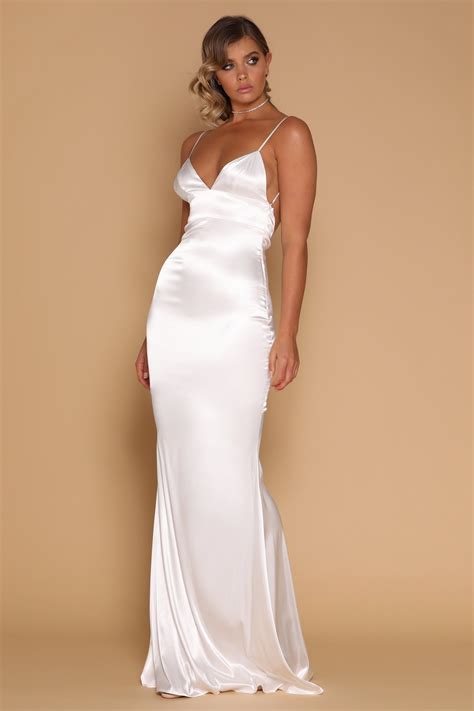 Luna Satin Maxi Dress - White - MESHKI | Sexy satin dress, Maxi dress, White maxi dresses