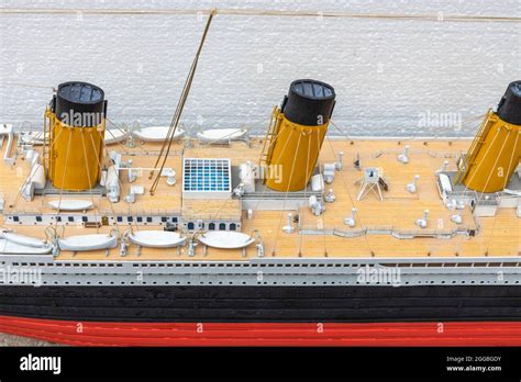 Close up view of part of wooden Titanic ship model. Beautiful wooden ...