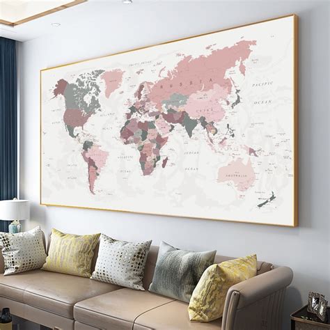 World Map Poster Print Pink Colors Wall Art Canvas Painting Big Size Wall Picture for Living ...