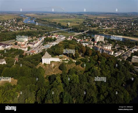 Aerial view of ruined medieval Halych Castle and view to city Halych, Ivano-Frankivsk region ...