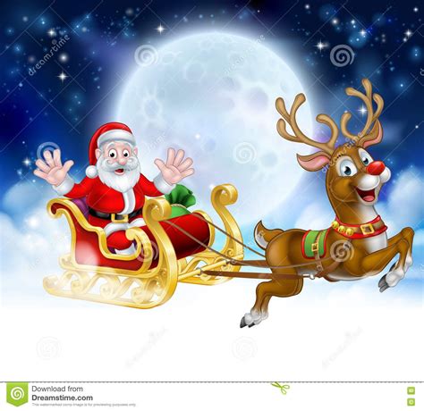 Christmas Cartoon Santa Reindeer Sleigh Scene Stock Vector - Illustration of ride, reindeer ...