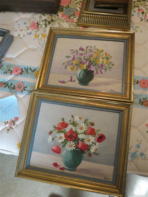 Two Framed Leso Paintings Flowers Vases Daisies Yellow Purple Lavendar Red 12 x 10 - Item # 76 ...