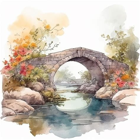 Premium AI Image | Watercolor painting of a bridge over a river with flowers.