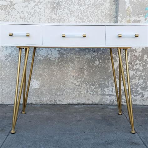 Modern White Gold 3 Drawer Desk with Hairpin Legs | Sunbeam Vintage | Highland Park - Los ...