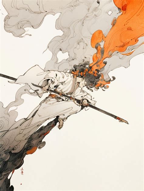 Premium AI Image | A drawing of a person with a sword and a fire in the background.