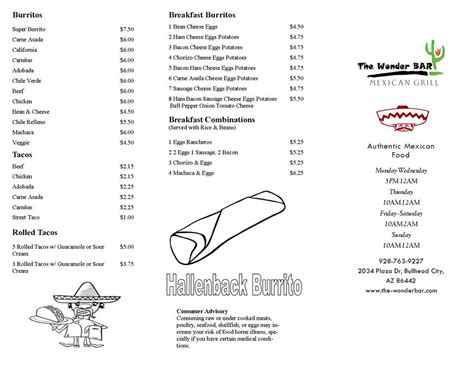 Menu at The Wonder Bar, Bullhead City