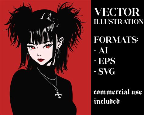 Goth Anime Girl Vector Illustration Anime Art for Sublimation Print on ...