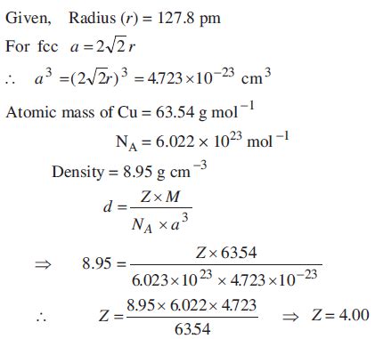 The density of copper metal is 8.95 g cm–3. If the radius of copper ...