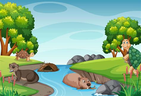 River in the forest scene with wild animals 5358481 Vector Art at Vecteezy