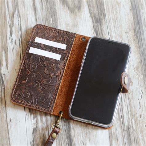 Women's Tooled Leather iPhone wallet case handmade - brown - 408 - Extra Studio