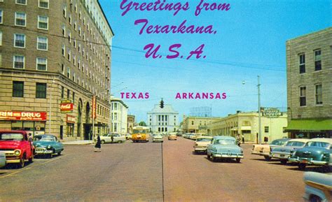 transpress nz: cars on the State Line, Texarkana, Texas/Arkansas, 1950s