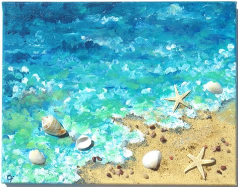 Beach painting of shoreline with real starfish shells and | Etsy