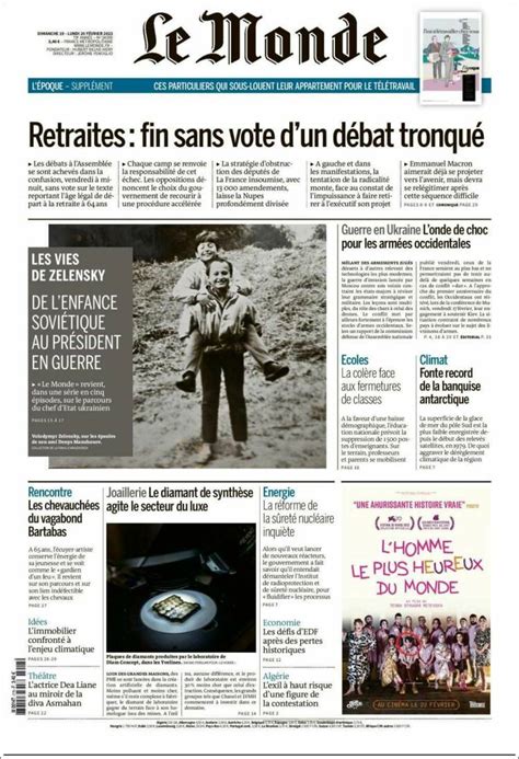 Newspaper Le Monde (France). Newspapers in France. Monday's edition, February 20 of 2023. Kiosko.net