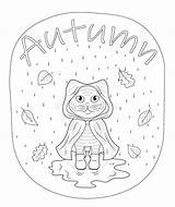 Autumn Illustration With A Cute Cartoon Cat In The Rain Coloring Page  sketch template