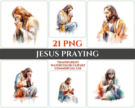 Jesus Praying Clipart PNG Watercolor Bundle Christian Clipart Abstract Image Transparent Holy ...