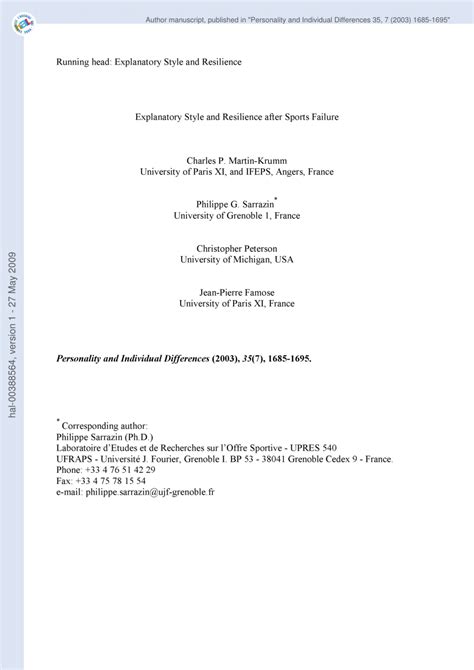 (PDF) Explanatory Style and Resilience after Sports Failure