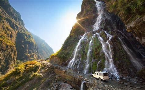 nature, Landscape, Mountain, Waterfall, Sun Rays, Dirt Road, Vehicle, Sunlight, Moss, Shrubs ...