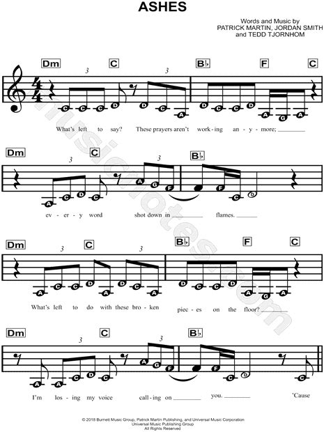 Celine Dion "Ashes" Sheet Music for Beginners in D Minor - Download & Print - SKU: MN0184097