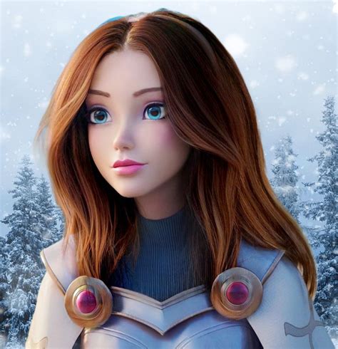 a close up of a doll with long hair and blue eyes in front of snow ...