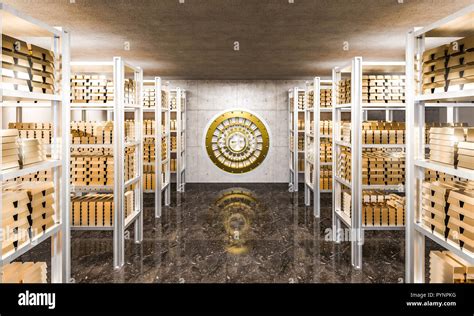 3d rendering of gold ingot in bank vault view from inside Stock Photo - Alamy