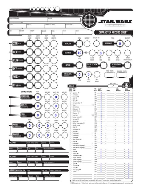 Star Wars RPG Character Sheet Fillable - Blank | Role Playing Games | Entertainment