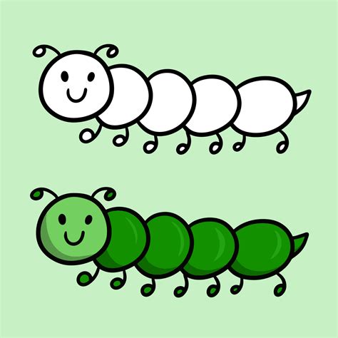 A set of color and sketch pictures. Green cute funny caterpillar ...