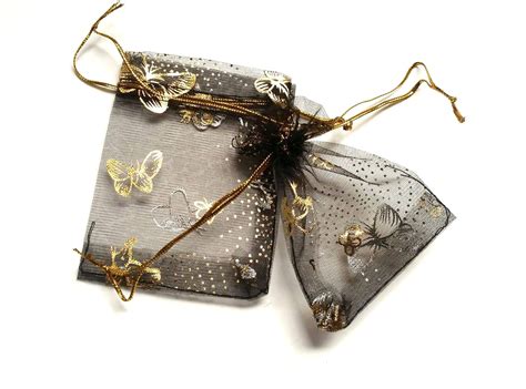 Black organza bag, gold butterfly, gift bag, small, jewelry pouch ...