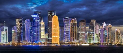 The Skyline Of Doha After Sunset Stock Image - Image of construction ...