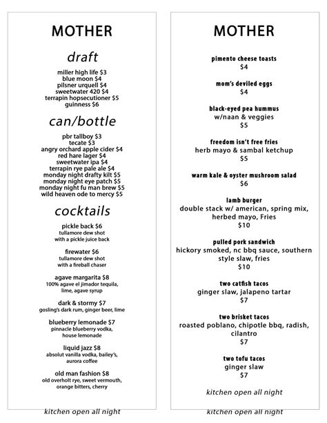 Mother Menu, Menu for Mother, Old Fourth Ward, Atlanta - Urbanspoon/Zomato