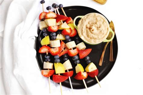 Fun and easy fruit kabobs with yogurt peanut butter dip - Rhubarbarians