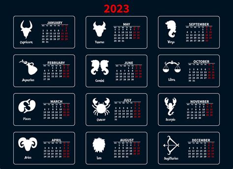 Calendar 2023 with zodiac signs on a blue background. Astrological calendar Print, illustration ...