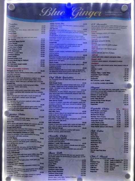 Menu at Blue Ginger restaurant, Middlewich