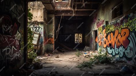 Premium AI Image | An abandoned building with graffiti on the walls and a sign that says'graffiti