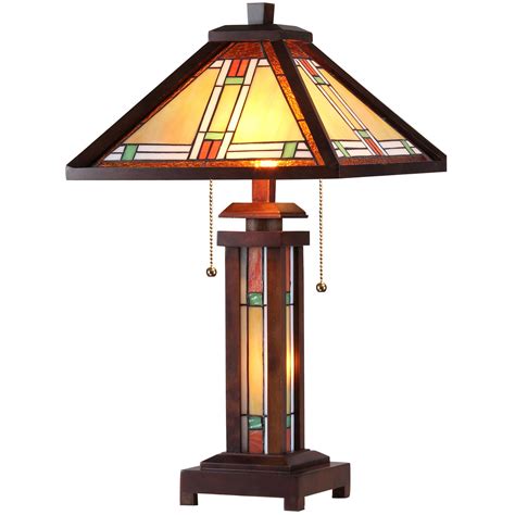 Chloe Lighting Aaron Tiffany-Style 3-Light Mission Double Lit Wooden Table Lamp with 15" Shade ...