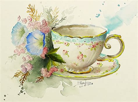 Watercolor Painting Tea Cup With Flowers By Yasser Fayad https://youtu ...