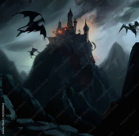 Mystic dark fantasy medieval castle with dragons flying in the sky ...