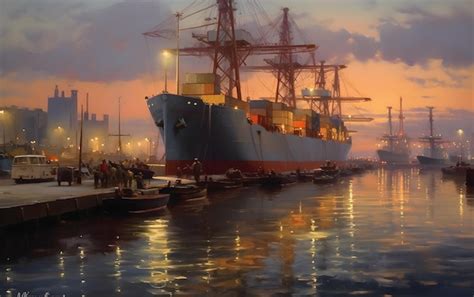 Premium AI Image | A painting of a ship at sunset with a sunset in the background.