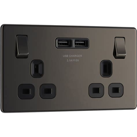 BG Screwless Flat Plate Black Nickel 13A SP USB Switch Socket 2 Gang | Toolstation