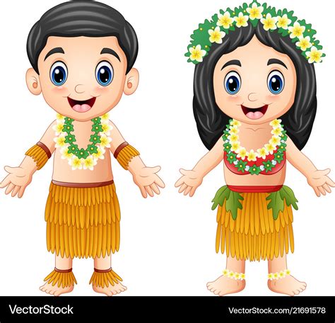 Cartoon hawaiian couple wearing traditional costum