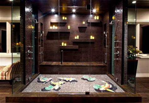 Beautiful steam shower with colorful koi mosaic floor and candles (With ...