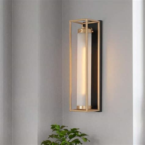 Zevni 1-Light Dark Gold Modern Wall Sconce, Frosted Glass Black Wall ...