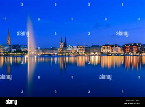 Hamburg skyline taken right after sunset at the blue hour over the binnenalster Stock Photo - Alamy