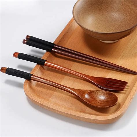 3 Pcs/set Natural Wooden Tableware Set High Quality Japanese Style Dinnerware Accessories Home ...