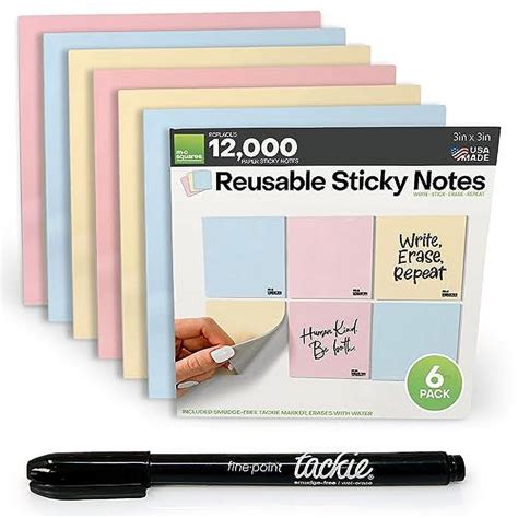 M.C. Squares Reusable Sticky Notes | 3" x 3" 6 Pack of Colorful ...